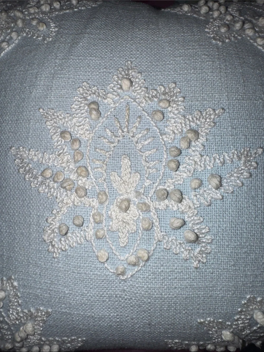 Embroidered Light Blue Accent Pillow with Ivory Appliqué